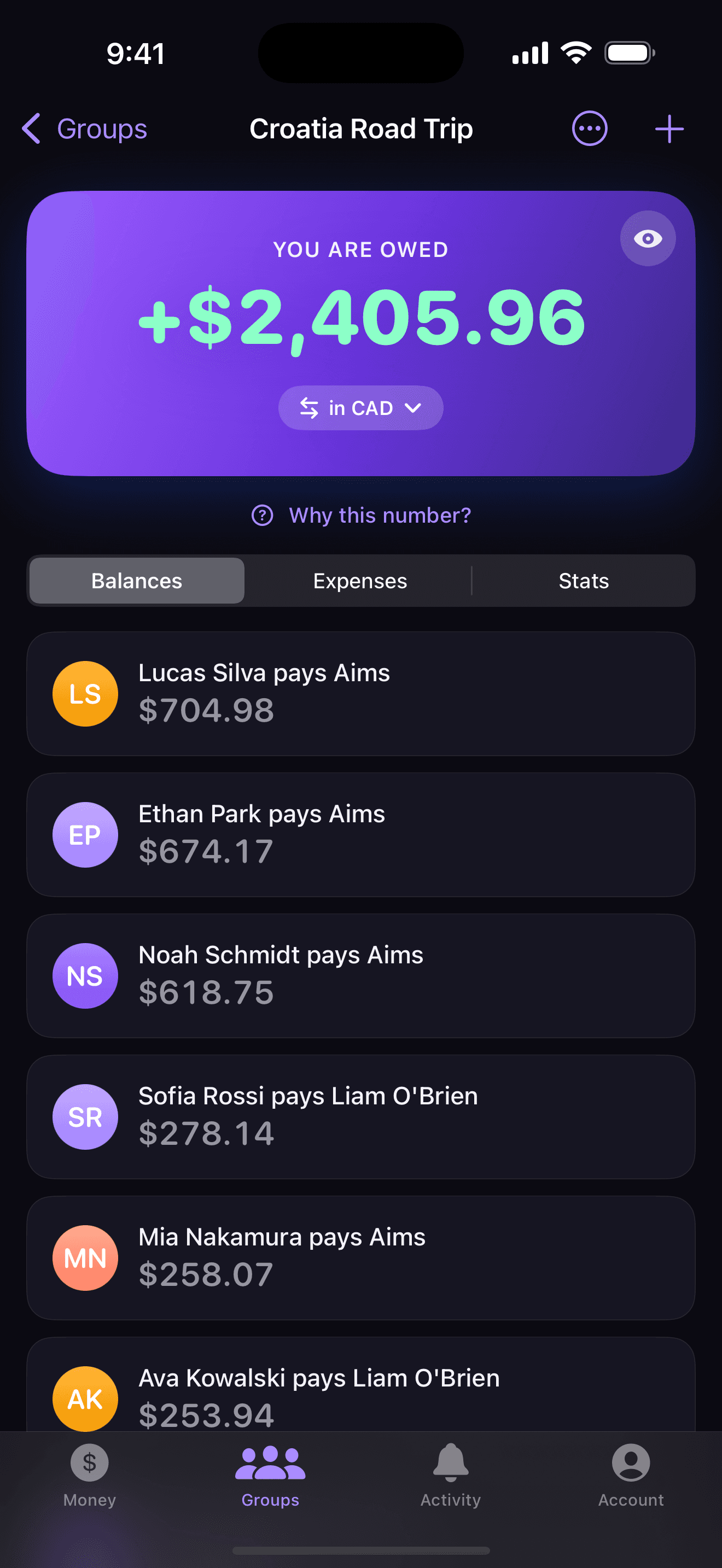 A trip group showing who owes whom