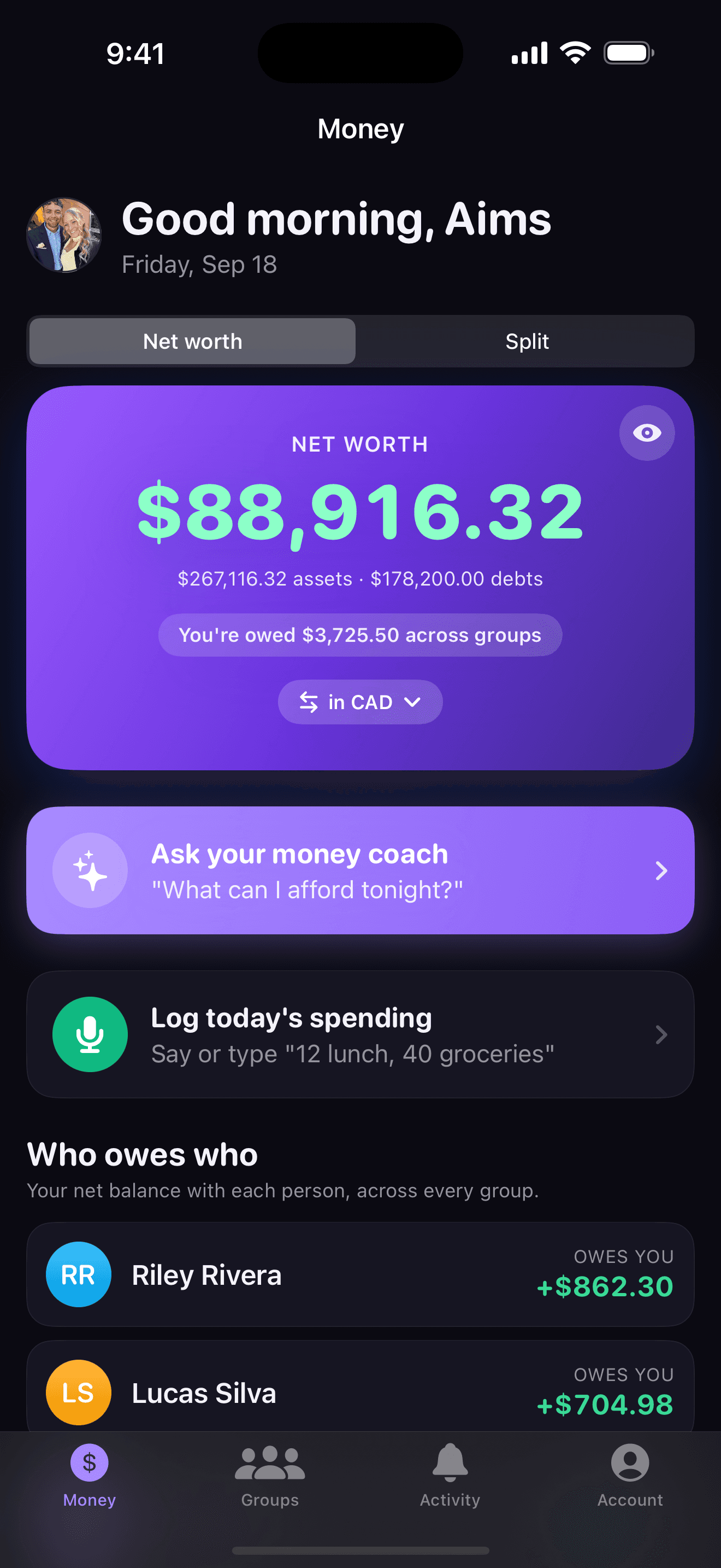 AllSquare home showing net worth and who owes you